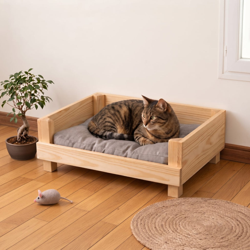 Cama Sofá Elevada para Gatos em Madeira com Almofada - YUCCA