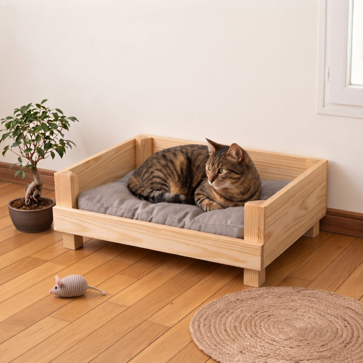 Cama Sofá Elevada para Gatos em Madeira com Almofada - YUCCA