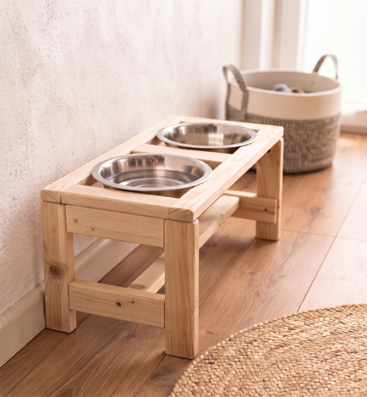 Comedouro / Bebedouro Duplo Elevado em Madeira com Tigelas em Inox - Yucca